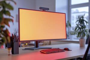 Modern Workspace with Illuminated Computer and Plants photo