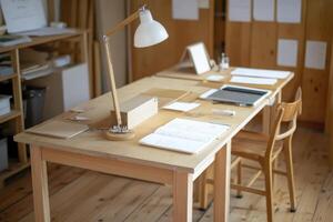 Bright Workspace with Wooden Desk and Laptop photo