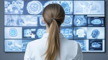 Woman Viewing Multiple Brain Scans on a Large Monitor photo