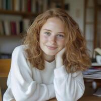 Smiling Redhead Woman with Freckles in Soft Lighting photo