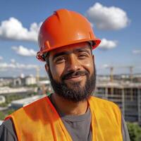 Smiling Construction Worker in Orange Hard Hat and Vest photo