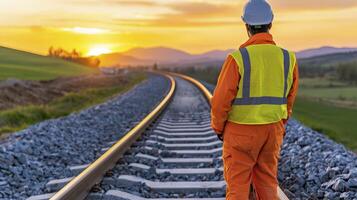Construction Worker on Railway Tracks at Sunset photo
