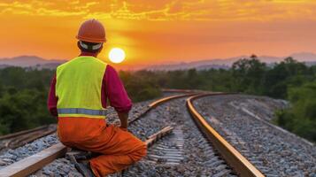 Construction Worker Watching Sunset Over Railroad Tracks photo