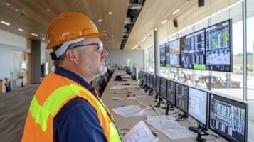 Man in Hard Hat Monitoring Computer Screens in Modern Control Room photo