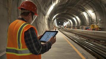 Construction Worker Using Tablet in Subway Tunnel photo