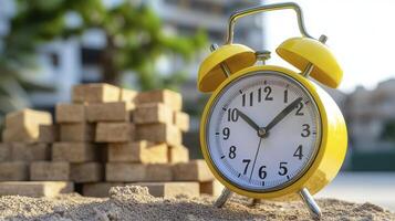Yellow Alarm Clock and Wooden Blocks on Sand photo