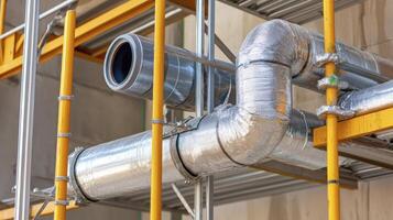Insulated Silver Pipes and Yellow Scaffolding at Construction Site photo