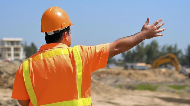 Construction Worker Gesturing at Building Site photo