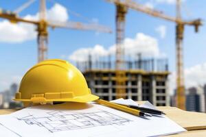 Construction Site with Hard Hat and Blueprints photo