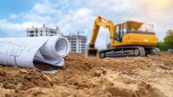 Construction Site with Blueprints and Excavator photo