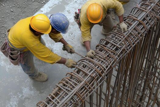 Construction Workers Securing Rebar on Concrete photo