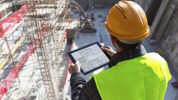 Construction Worker Reviewing Digital Plans on Tablet photo