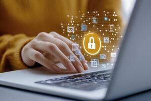 Woman Using Laptop with Glowing Padlock and Data Icons photo