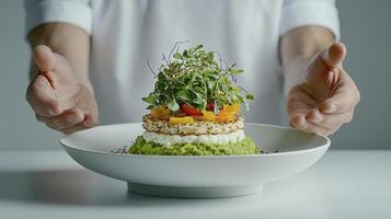 Visually Appealing Stacked Food Plate Capture the essence of healthy eating with this vibrant image A chef presents a beautifully layered dish featuring fresh greens, ripe tomatoes, and creamy photo
