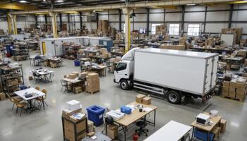 Warehouse logistics optimization showcasing efficient cargo delivery and inventory management within a spacious industrial environment Featuring organized storage solutions, a delivery truck ready photo