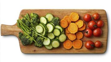 Vibrant Fresh Vegetables Arranged on Wooden Cutting Board A Colorful Composition Featuring Broccoli, Crisp Cucumbers, Sweet Carrots, and Juicy Red Tomatoes, Perfectly Isolated on a White Background photo