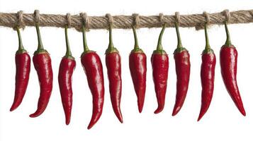 Vibrant Chili Peppers Drying on a Rustic Twine Line A Culinary Delight and Artistic Vision Experience the fiery essence of red chili peppers, captured in a high-resolution image perfect for culinary photo