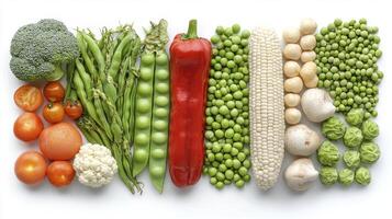 Vibrant Array of Fresh Vegetables A Colorful Culinary Delight Featuring Broccoli, Asparagus, Peas, Red Bell Pepper, Corn, Tomatoes, Cauliflower, and More for Healthy Eating, Vegetarian Recipes, and photo