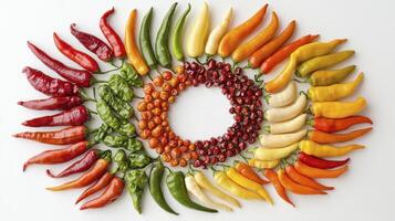 Vibrant Chili Pepper Array A Stunning Visual Feast of Hot Peppers Arranged in a Circular Pattern Showcasing the Diverse Colors, Shapes, and Sizes of Various Chili Varieties Capturing the Essence of photo