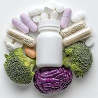 Unlock Optimal Health A Visual Guide to Nutritional Balance, Showcasing Fresh Vegetables like Broccoli and Purple Cabbage Alongside Essential Vitamins, Supplements, and a Clean White Bottle to photo