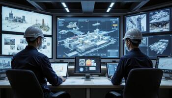 Two Engineers Monitoring Industrial Plant Schematics on Multiple Computer Screens in a Modern Control Room, Analyzing Data for Optimized Performance and Safety, Reviewing Blueprints and Technical photo
