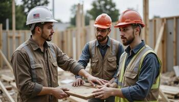 Three construction workers collaborate on a building project, carefully inspecting wooden boards amidst the framework of a new structure, symbolizing teamwork, expertise, and the dedication required photo