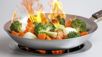 Sizzling Vegetables Explore the vibrant world of cooking with this dynamic image showcasing broccoli, carrots, and onions flambed to perfection in a stainless steel pan This captivating stock photo