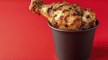 Savor the Deliciousness A Close-Up Shot of Grilled Chicken Drumstick in a Bucket, Perfect for Food Blogs and Recipe Websites Showcase the Succulent Texture and Flavor, Ideal for Culinary Content This photo