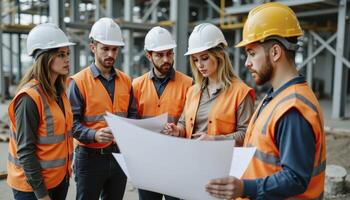 Professional Construction Team Reviewing Blueprints on Site Highlighting Collaboration, Safety Compliance, and Project Planning in Infrastructure Development Showcase Construction Workers with photo