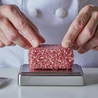 Professional Chef Hands Precisely Shaping Raw Ground Beef Cube on Stainless Steel Scale, Ensuring Accurate Measurement and Consistent Portioning in a Commercial Kitchen Setting, Preparing Gourmet photo