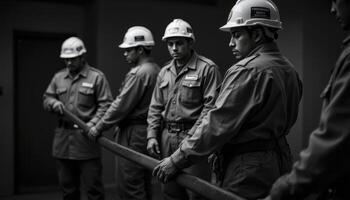 Monochromatic Mining Crew A stark portrayal of teamwork, resilience, and the challenges faced by miners in their daily toil, captured in a black and white image that evokes strength and solidarity photo