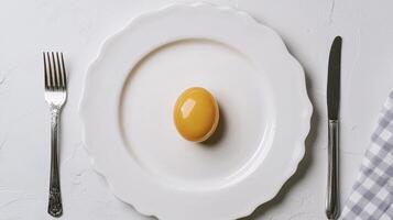 Minimalist Breakfast Still Life A single perfectly cooked egg yolk sits centered on a clean white plate, flanked by a silver fork and knife on a marble table with a soft grey checkered napkin subtly photo