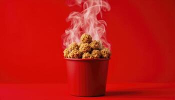 Indulge in the visual delight of steaming meatballs in a vibrant red bucket against a bold red backdrop, a symphony of textures and colors that ignite the senses The swirling vapor hints at photo