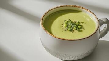 Indulge in the vibrant freshness of this creamy green soup, a culinary masterpiece that blends the subtle sweetness of peas with a hint of mint and vegetable broth Each spoonful is a burst of photo