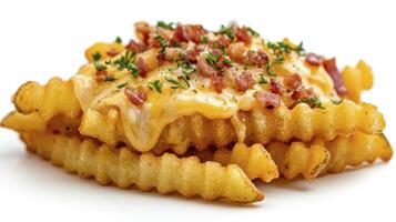 Indulge in the ultimate comfort food with this irresistible image of golden, crispy french fries, generously smothered in melted cheddar cheese, smoky bacon bits, and fresh parsley A delicious treat photo