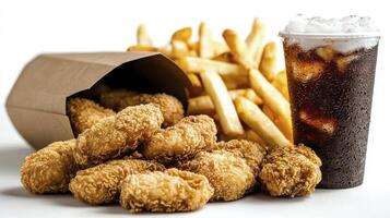 Indulge in the ultimate comfort food experience with crispy chicken nuggets, golden French fries, and a refreshing soda This classic combination offers a delightful blend of savory and sweet flavors photo
