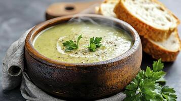 Indulge in the heartwarming embrace of creamy, homemade soup, captured in this delectable image A vibrant bowl brimming with nourishing goodness, adorned with fresh parsley and accompanied by rustic photo