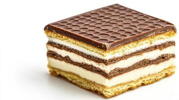 Indulge in the exquisite charm of a delectable chocolate cake square, meticulously layered with creamy vanilla and rich cocoa, offering a symphony of flavors that dance upon your palate This close-up photo