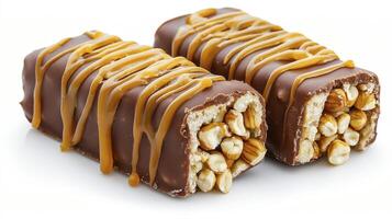 Indulge in the delightful decadence of two delectable chocolate peanut caramel bars, a symphony of flavors and textures, perfect for satisfying your sweet cravings Each bar boasts a rich, creamy photo