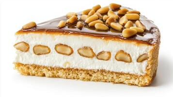 Indulge in the delectable delight of this creamy caramel pine nut cake slice, a visual feast that captures the essence of sweet indulgence This mouthwatering image showcases the cake's intricate photo