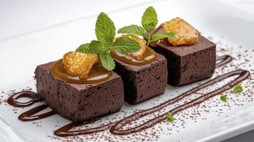 Indulge in the delectable delight of these homemade chocolate brownies, artfully arranged on a pristine white plate, showcasing their rich, dark cocoa hue and fudgy texture Adorned with a luscious photo