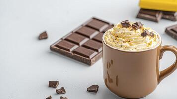 Indulge in the decadent delight of this creamy, dreamy hot chocolate, a visual symphony of rich cocoa and velvety whipped cream, adorned with delightful chocolate chunks and paired with a tantalizing photo
