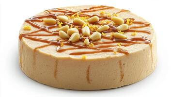 Indulge in the Sweet Symphony A Captivating Image of Decadent Caramel Cake Adorned with Toasted Pine Nuts and Zesty Orange Peel, Evoking a Sense of Warmth and Delight, Perfect for Inspiring Culinary photo