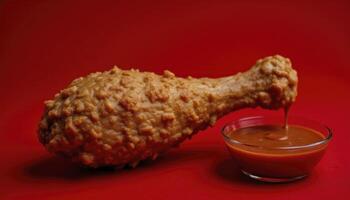 Indulge in the Crispy Perfection A Delectable Fried Chicken Leg Dipped in Tangy Sauce, a Symphony of Flavors That Dance on Your Palate, Creating a Culinary Masterpiece The Golden-Brown Crust, a photo