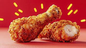 Indulge in crispy, golden-brown perfection with this close-up shot of freshly fried chicken drumsticks against a vibrant red backdrop Experience the tantalizing aroma and irresistible texture that photo