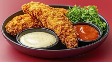 Indulge in crispy, golden-brown fried chicken tenders served with a delectable array of dipping sauces, from creamy ranch to zesty hot sauce, perfect for satisfying your cravings Our mouthwatering photo