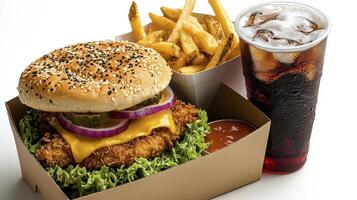 Indulge in a mouthwatering culinary experience with this vibrant image showcasing a delectable chicken burger paired perfectly with crispy golden French fries and a refreshing, ice-cold soda photo