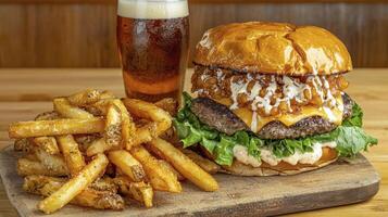Indulge in a mouthwatering culinary experience with this captivating image showcasing a delectable burger, complete with layers of juicy meat, melted cheese, crisp lettuce, and tantalizing toppings photo