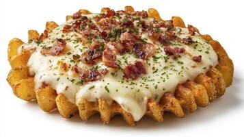 Indulge in a delightful close-up of waffle fries, generously smothered in a creamy, melted cheese sauce and adorned with crispy bacon bits, creating a savory symphony of flavors and textures that photo