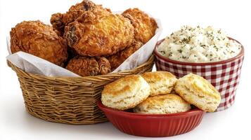 Indulge in a delightful Southern feast with this captivating image showcasing crispy fried chicken nestled in a charming wicker basket, accompanied by fluffy, golden biscuits arranged in a vibrant photo